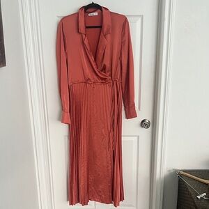 Long-Sleeve Satin Wrap Midi Dress in Rust